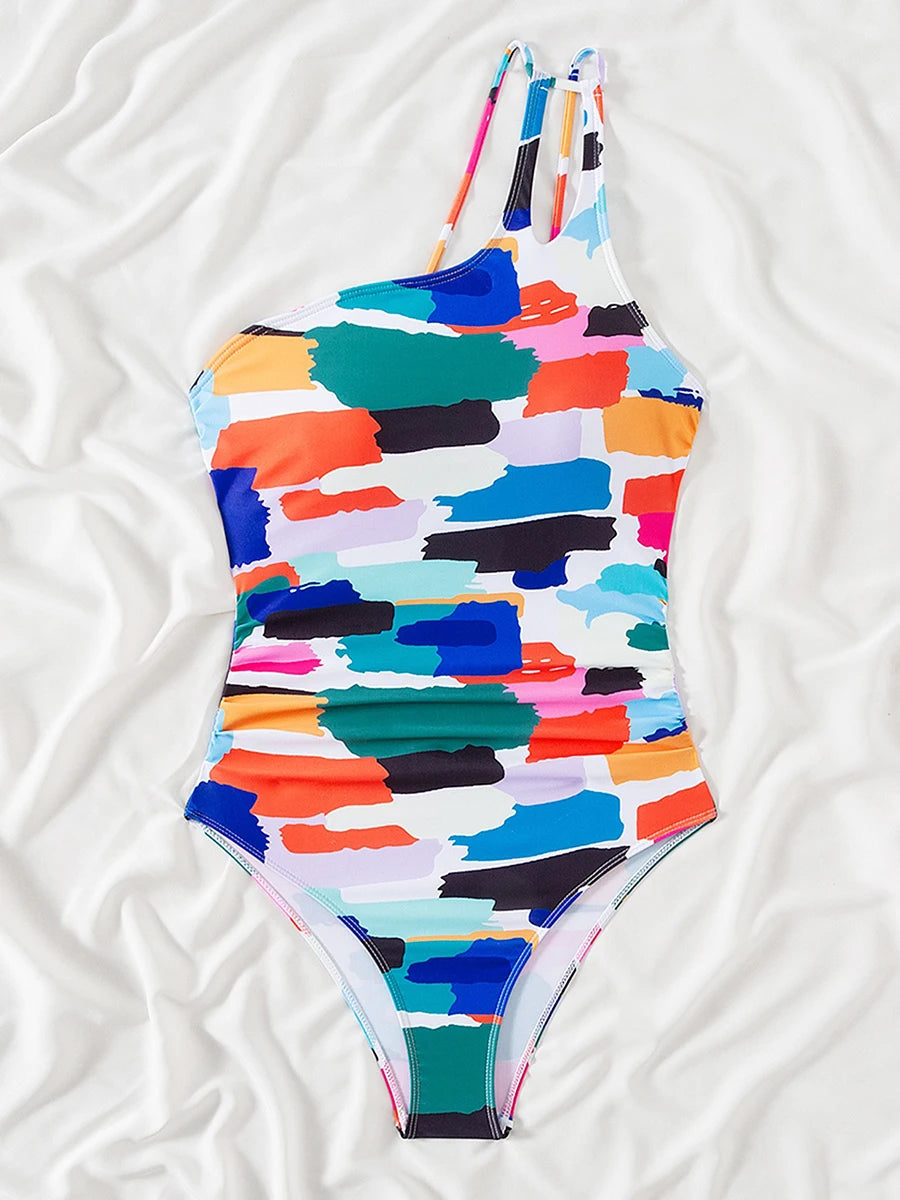 Leopard Swimsuit Women One Piece One Shoulder Swimwear Female Solid Bathers Bathing Swimming Swim Suit Beachwear
