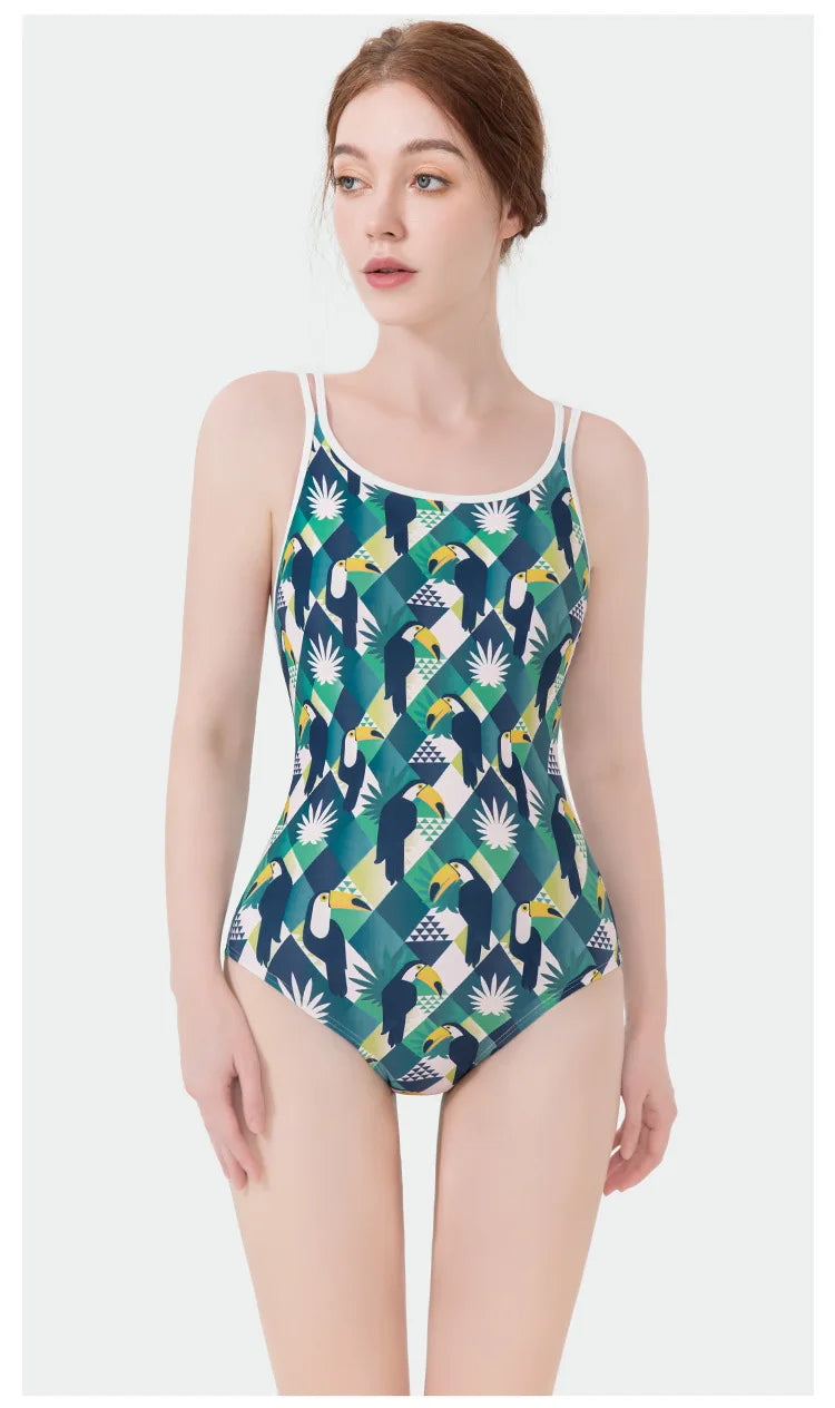 Women Flower Printed One-piece Racing Competition Swimsuit Fashion Sun Protection High Stretch Training Professional Swimwear