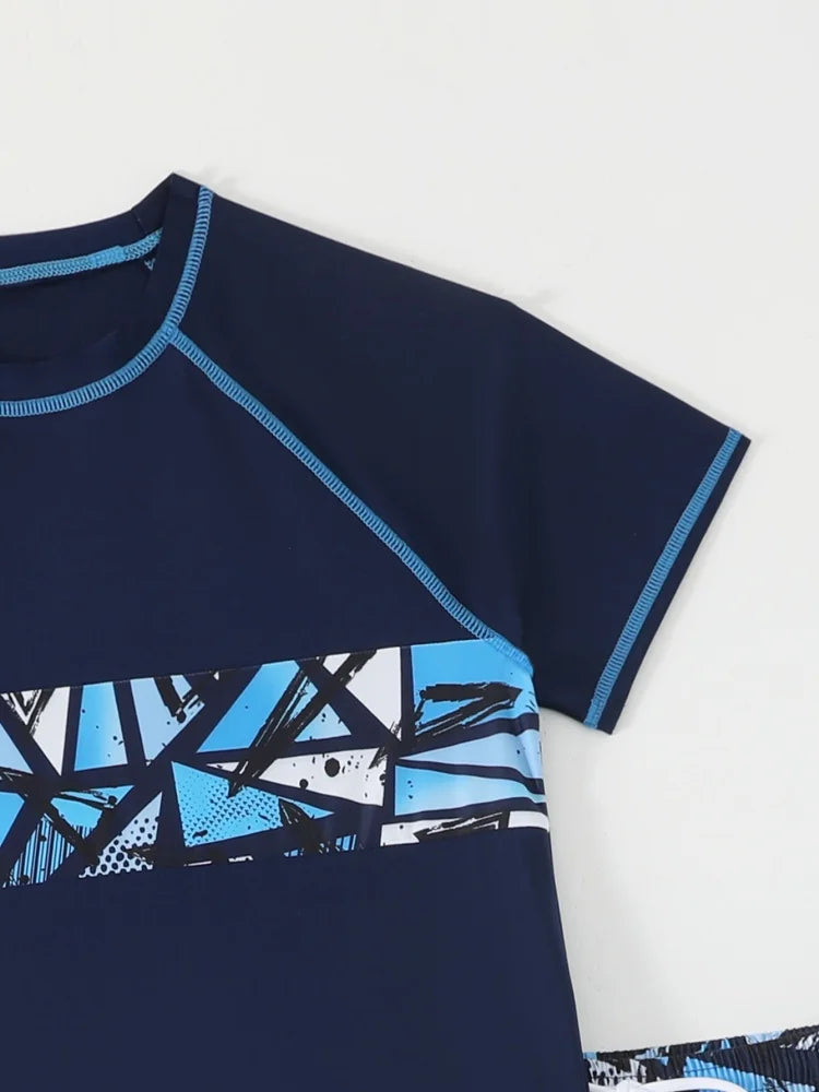 Teen Boys' Blue Geometric Short-Sleeve Rash Guard Set with Shorts