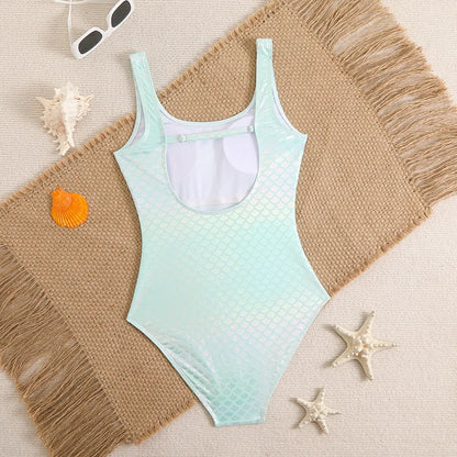 Mermaid Scales Print Bodysuit One Piece Swimsuit Women Swimwear Racing Sports Bathing Suit Woman Monokini Beach Wear