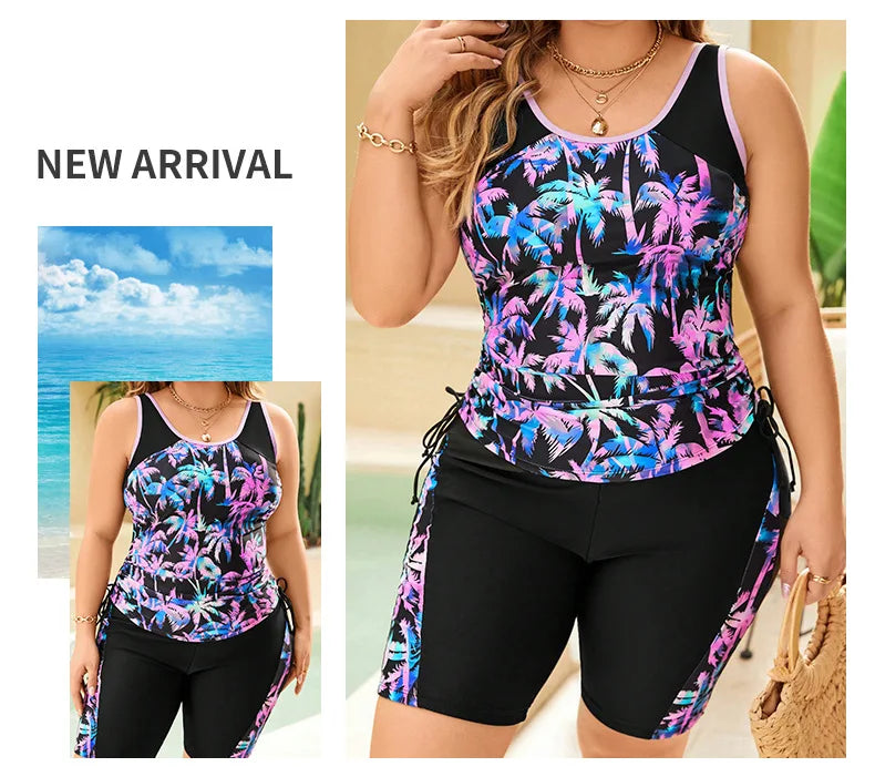 VigoBreviya Print Patchwork 2 Piece Plus Size Tankini Women Strapped High Waist Curvy Swimsuit Beach Lady Big Bathing Suit