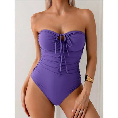 Solid Color Front Tie Bandeau Swimsuit, Beach Holiday Summer Swimwear Bathing Suit For Women