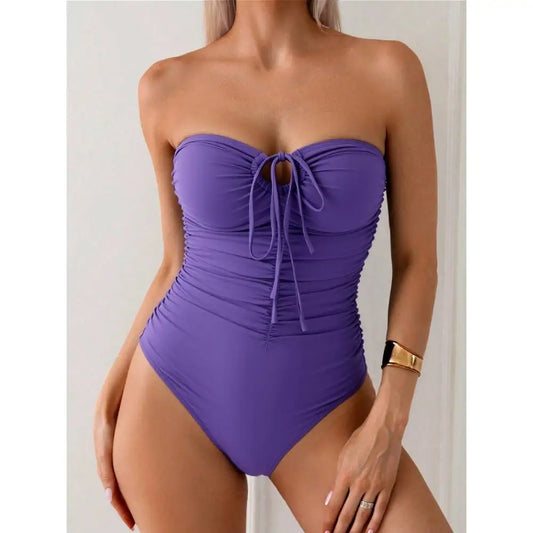 Solid Color Front Tie Bandeau Swimsuit, Beach Holiday Summer Swimwear Bathing Suit For Women