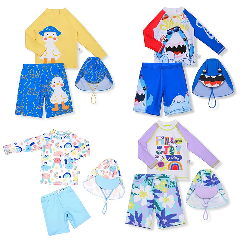 3 Pcs New Boy Swimsuit Sun Protection UPF 50+ Long Sleeve Swimming Sunsuit With Hat Split Quick Drying Bathing Suits Children
