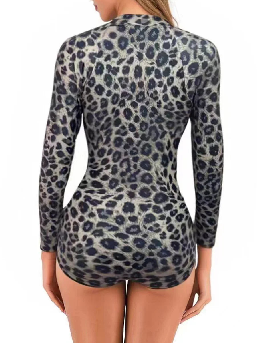 Leopard Long Sleeve Surfing Swimsuit With Zipper Women Swimwear Female Bathers Bathing Swimming Swim Suit Beachwear