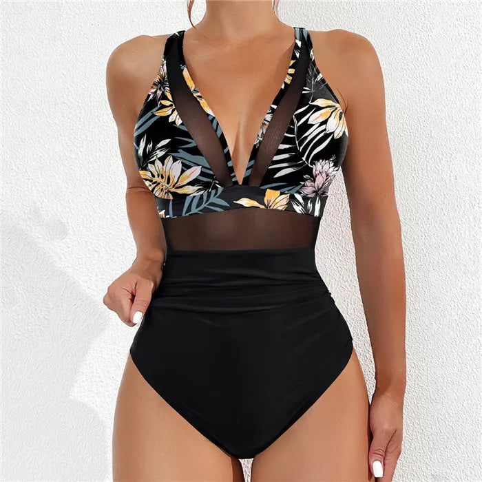 Leaf Print Design Swimwear Women One Piece Swimsuit Bathers