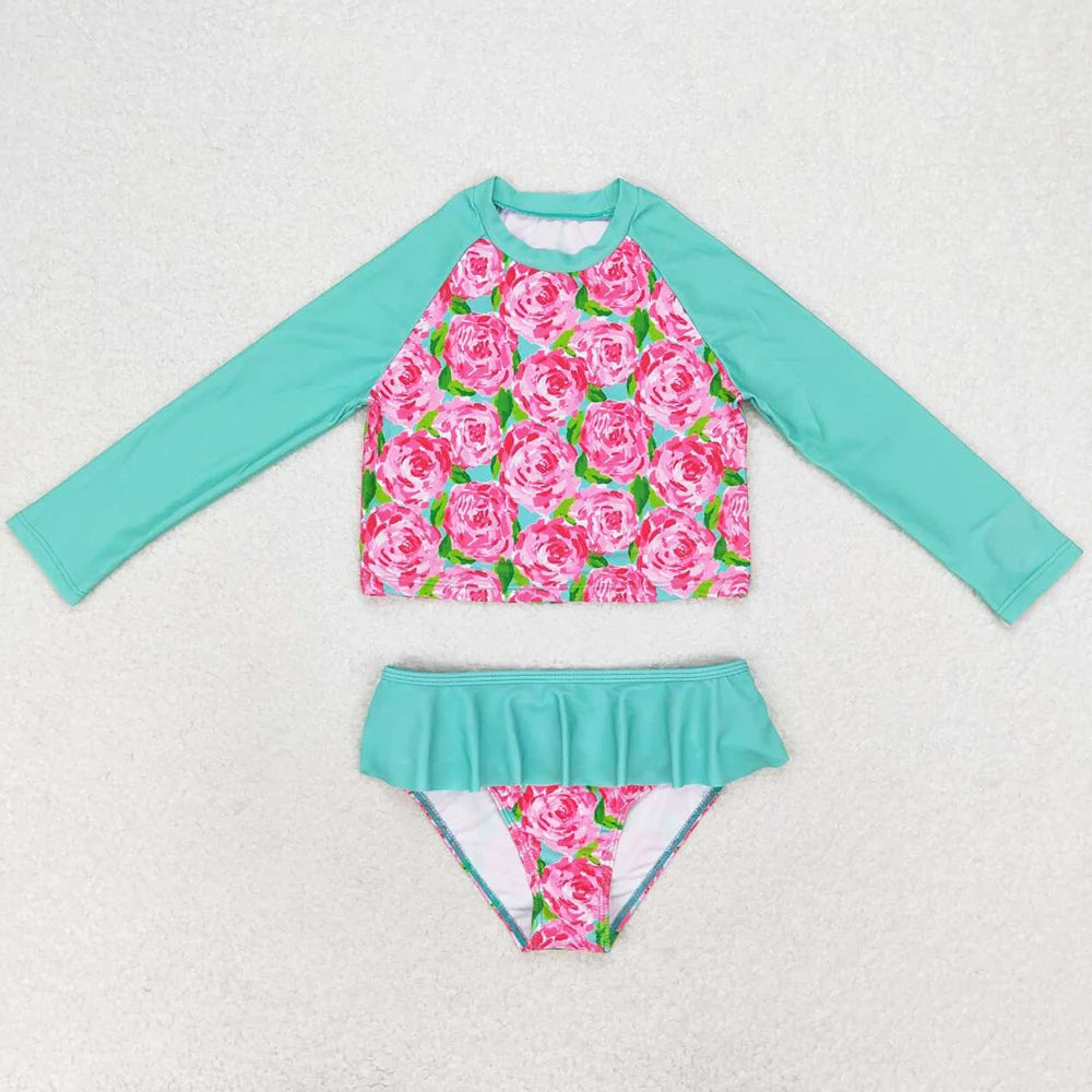 Colourful Designs Baby Girls Swimsuits Long Sleeve One Pieces Swimsuit Summer Fashion Kids Clothes Swimwear Boutique Girls Swim Clothes