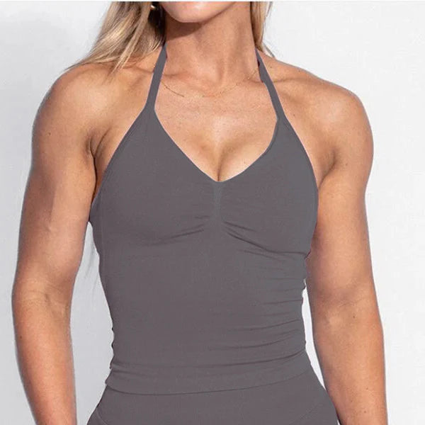 D-impact V Neck Gym Top Yoga Bra Longline Halter Women Seamless Sports Running Tank Fitness Workout Active Wear