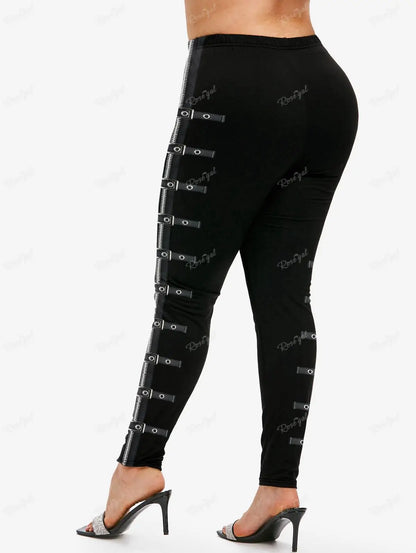ROSEGAL 5XL Women's Plus Size Leggings Gothic 3D Zipper Buckles Printed Pencil Pants Oversized High Waist Skinny Trousers Mujer