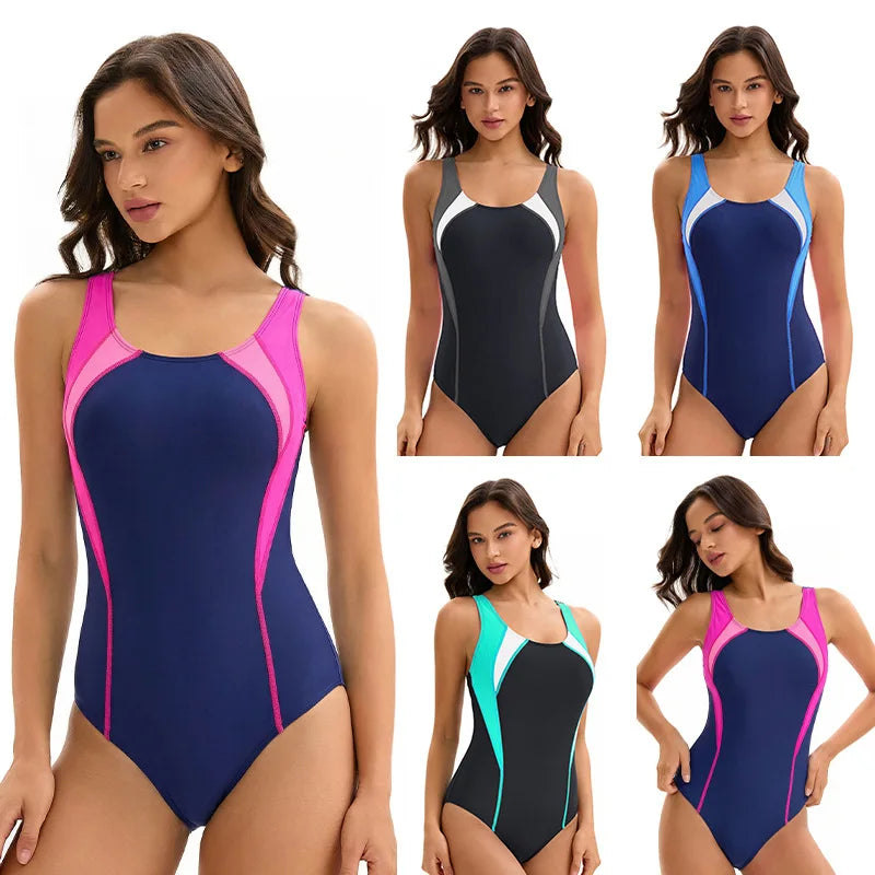 Multi Colors Block Women's One Piece Athletic Swimsuits  Sport Bathing Suit Racerback Swimwear for Ladies Bathers Pool Training