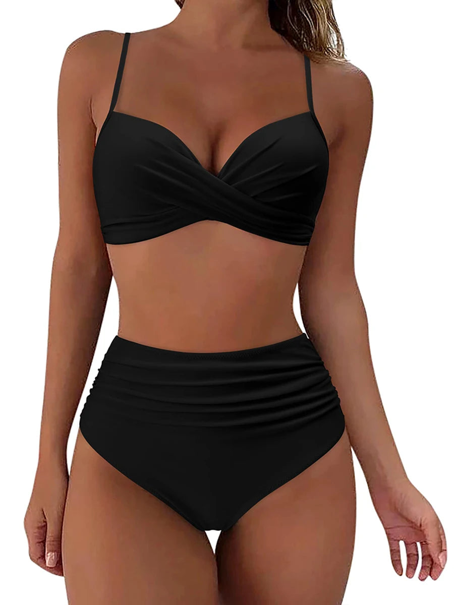 Cross Frill Bikinis Women Swimwear Print Sexy High Waist Swimsuit Female Beachwear Bathers Bathing Swimming Swim Suit