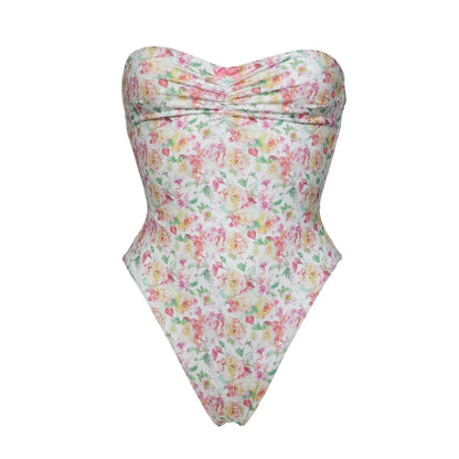 Tube Top One Piece Swimsuit Women Flowers Print Backless Swimwear Tropical Summer Beachwear Bathing Suit Bodysuit