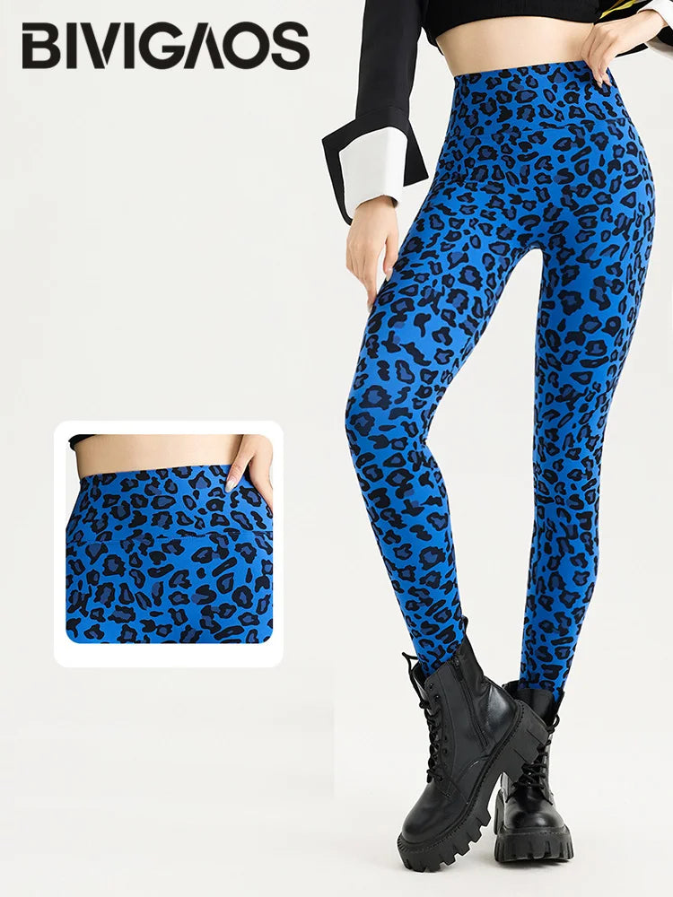Spring Autumn Leopard Sharkskin Leggings Women High Waist Elastic Tight Yoga Leggings Slim Sports Fitness Leggings