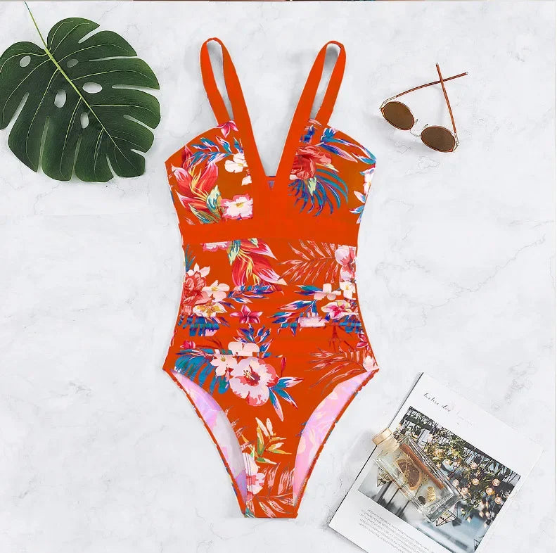 One Piece Swimsuit Women Swimwear Push Up Monokini Plunge Bathing Suit Floral Bodysuit Beach Wear Female Swimsuit