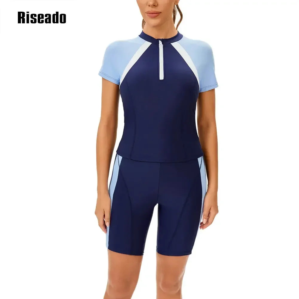 Women's Rash Guard 2 Piece Short Sleeve Swim Shirt with Shorts Swimsuit Two pcs Swimwear