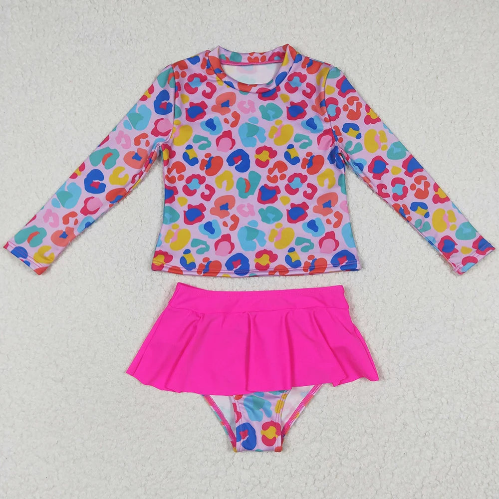 Colourful Designs Baby Girls Swimsuits Long Sleeve One Pieces Swimsuit Summer Fashion Kids Clothes Swimwear Boutique Girls Swim Clothes