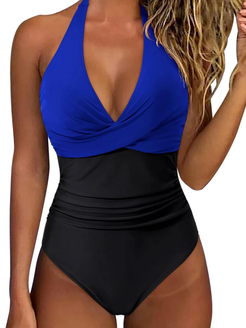 Halter Swimsuit Women One Piece Printed Cross Smocked Swimwear Female Bodysuit Bathing Swimming Suit Padded Beachwear