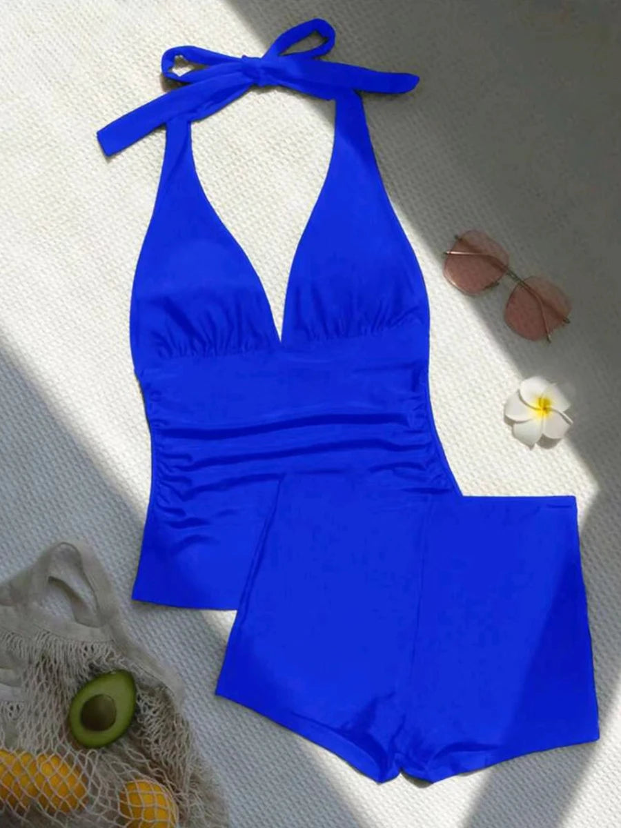 Halter Tankini Solid Swimsuit Women High Waist Swimwear Female Padded Bathing Swim Suit Swimming Beachwear Summer