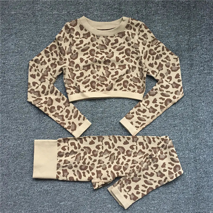 Women Fashion Leopard Printed 2 PCS Yoga Set Gym Shockproof Sports Bras Sport Leggings Running Work Out Training Suit