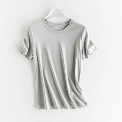 10% Silk & Mercerized Cotton Women T-shirt Luxury Tee Short Sleeve Silky Feeling Summer Wear Tops V / O-neck