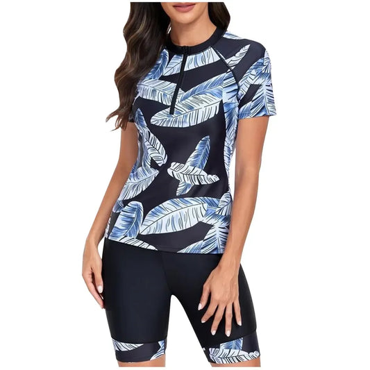 Rash Guard Women's Summer Fashion Sports Print Zipper Round Neck Short Sleeved Surfing Suit Summer Beachwear Swimsuits For Women