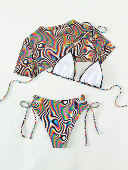 Short Sleeve 3 Piece Bikini Set with Mesh Cover Up Top Print Push Up Women Swimsuit Hollow Out  High Waist Bathing Suit Swimwear