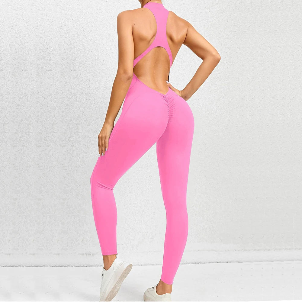 Women's Deep-V Zip-Front Open-Back Workout Playsuit