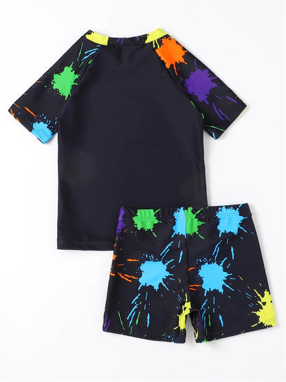 Boy Swimsuit Game Graffiti Short Sleeve Children Swimwear Summer Two Piece Kids Beach Wear Swimming Bathing Suit Boys