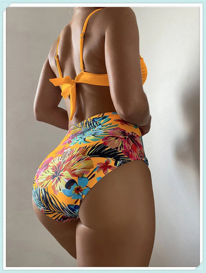 Solid Bandeau Bikini Set Women Tropical Printed Swimwear Female Push Up Swimsuit High Waist Bathing Suit Tie Back Beachwear