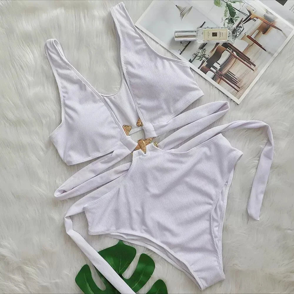 One Piece Swimsuit Swimwear Women Deep V-neck Hollow High Waist One-piece Bathing Suit Beachwear Metal Hoop