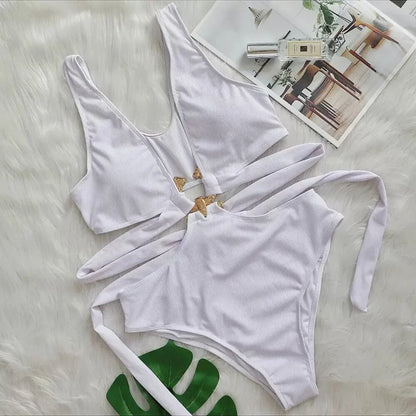 One Piece Swimsuit Swimwear Women Deep V-neck Hollow High Waist One-piece Bathing Suit Beachwear Metal Hoop