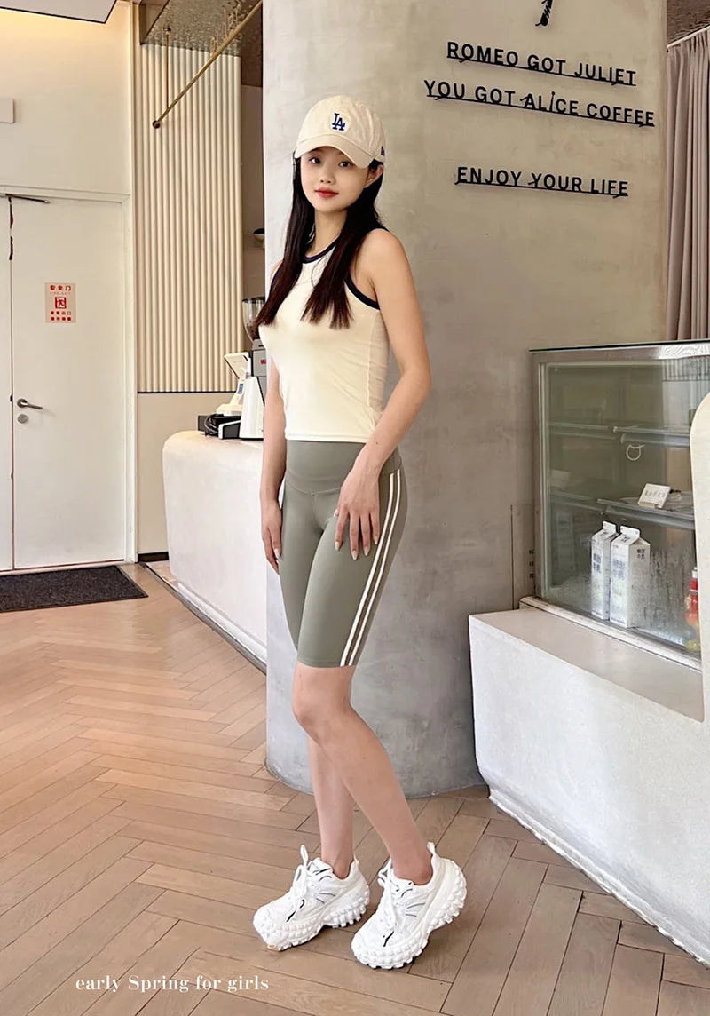 Women Shark Running Short Leggings Summer Side Stripe Sports Biker Shorts High Waist Skinny Seamless Bicycle Shorts