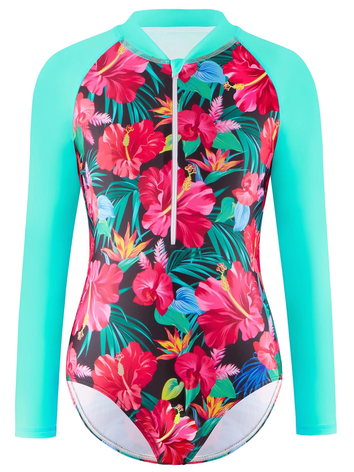 Girls Swimsuit One Piece Long Sleeve Floral Print Swimwear Beach Pool Kids Tween Swim Summer Bikini Cut Bottom Contrast Color