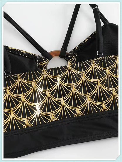 Metallic Stitch Strap Bikini  Women Push Up Gold print Swimsuit Female High Waist Swimwear Bathers Bathing Suit Beachwear