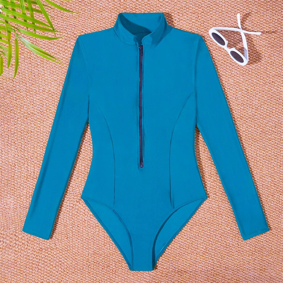 S - 2XL 4 Colors Long Sleeve With Zipper Surf Rash Guard One Piece Swimsuit Women Swimwear Female Bather Bathing Suit Swim