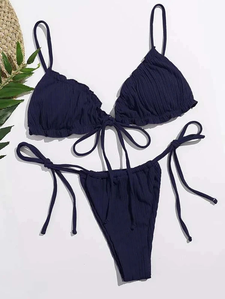 Swimsuit Pit stripe Bikini Women Swimwear  Bathing Suits Push Up Biquinis Bandage Beachwear Solid Bikini Sets