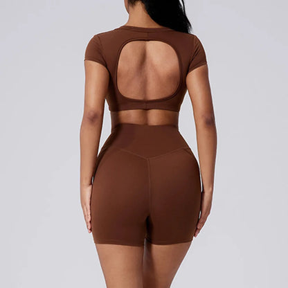 Pad 2PCS Short Sleeve Women Gym Yoga Set Clothes Sportswear Running Shorts Workout Sports Crop Top Running Suits