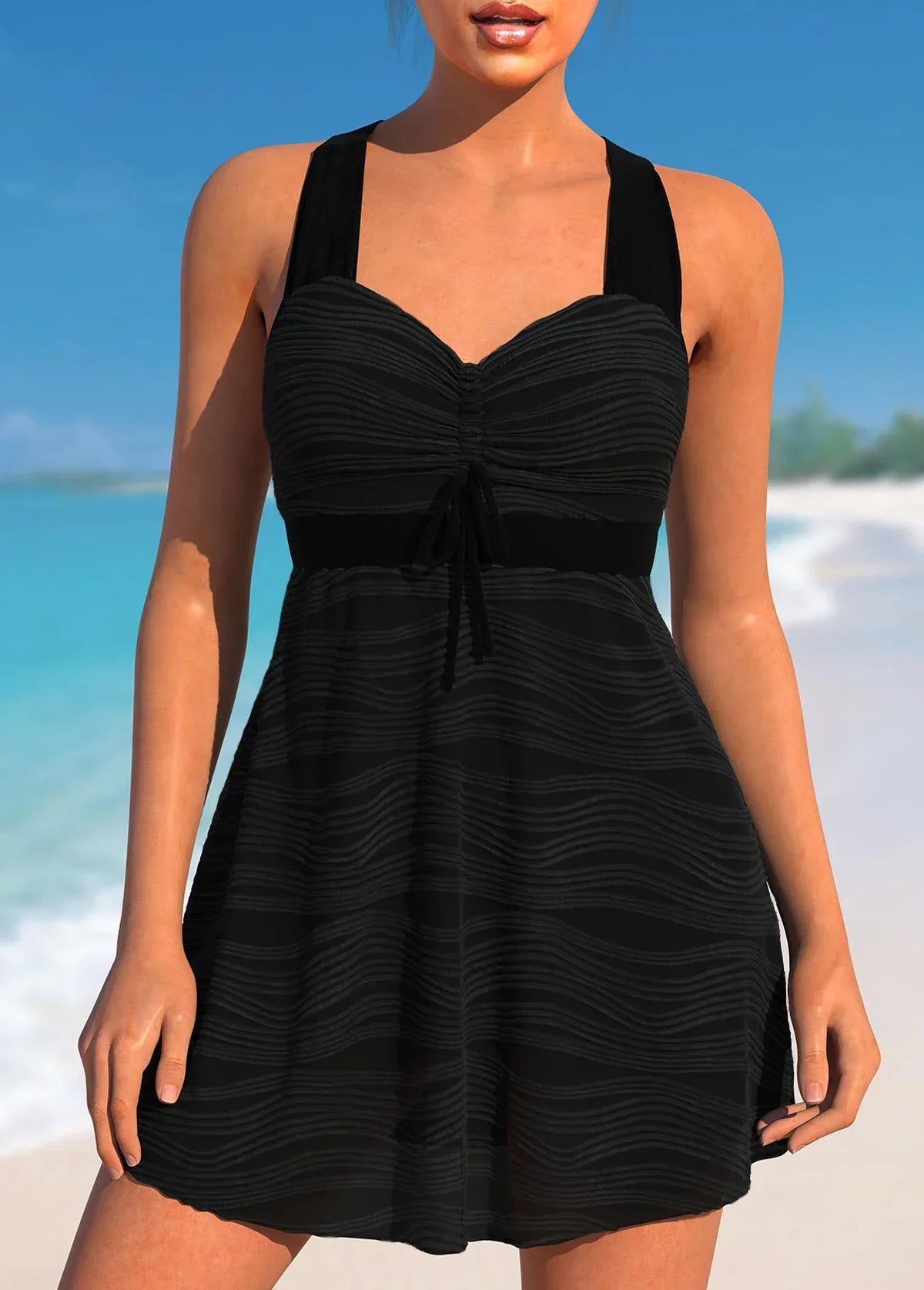 Summer Women's Blue Halo Printed Tankini and Shorts Two Piece Swimsuit Lace Up Beach Set S-6XL