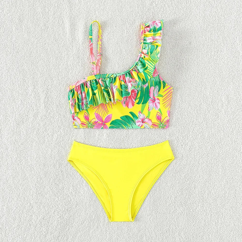 Kids Oblique Shoulder Sling Split Swimsuit Girl Quick Dry Breathable Bikini Swimwear Kid Two Pieces