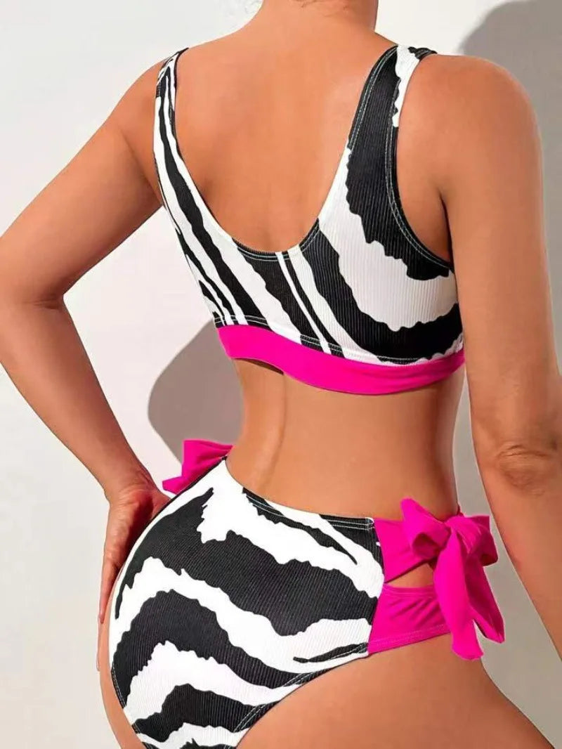 Black Zebra Print Bow Patchwork Bikini Set Women Push Up High Waist Swimsuit Beach Bathing Suit Two Piece Swimwear