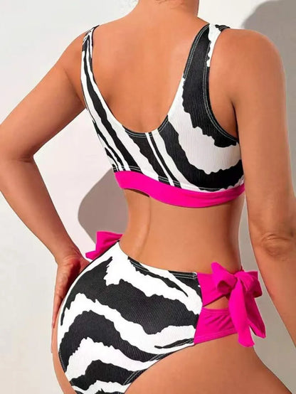 Black Zebra Print Bow Patchwork Bikini Set Women Push Up High Waist Swimsuit Beach Bathing Suit Two Piece Swimwear