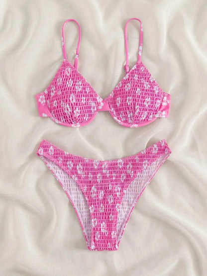 Strappy Bikinis Ribbed Solid Swimsuit Women Push Up Swimwear Female Bathers Bathing Swimming Suit Printed Beachwear Summer