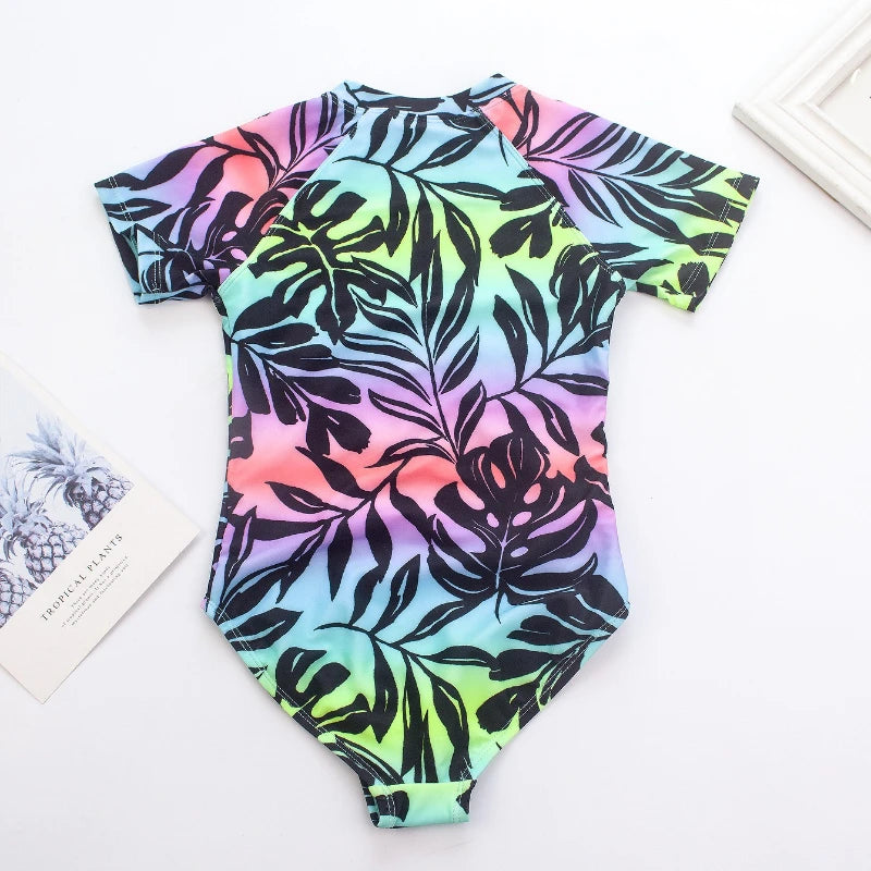 Girls' Long-Sleeve One-Piece Swimsuit – Pink or Leaves