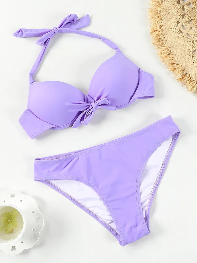 Halter Bikini Swimsuit Push Up Swimwear Bandage Women Plant Print Bath Suit Beach Cover Up Summer