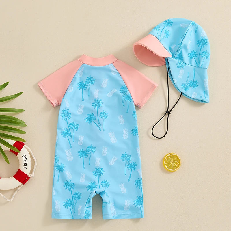 0-3Y Summer Baby Boys Beach Swimwear Casual Color Patchwork Shark/Tree Print Short Sleeve Zip Up Bathing Suit