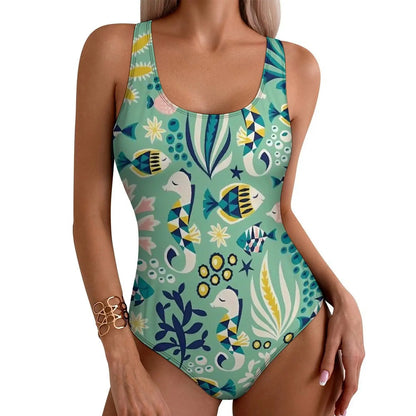 Rainbow Sea Fish Swimsuit Cute Animal Print One-Piece Swimwear Push Up Bodysuit Kawaii Holiday Rave Bathing Suit