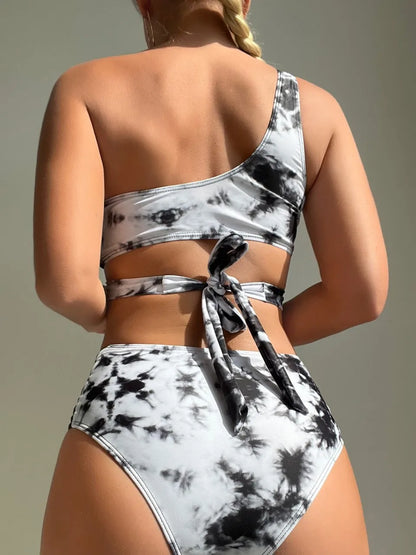 One Shoulder Bandeau Bikini Women Tie Dye Swimwear Female High Waist Swimsuit Bathers Bathing Swimming Suit Beachwear