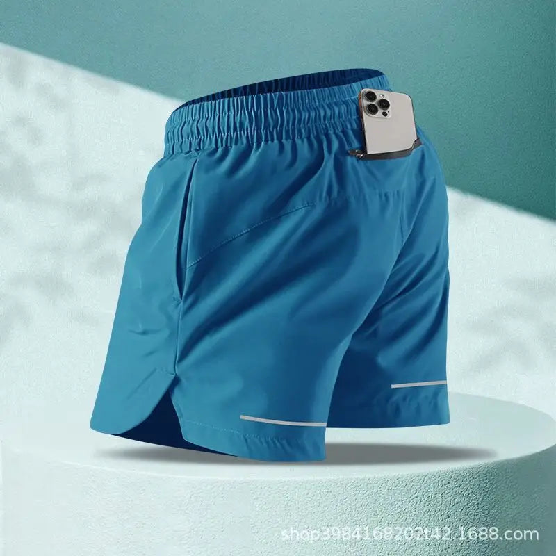 Mens Ice Silk Running Shorts Quick Dry Marathon Three Quarter Length With Phone Pocket Summer Professional Sports Shorts