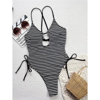 Striped Cut Out Cross Back High Cut Leg One Piece Swimsuit Women Swimwear Female Monokini Padded Bather Bathing Suit Swim