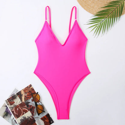 One Piece Swimsuit Women Summer Holiday Swimwear Thong Monokini Bathing Suit Mujer Micro Bikini Solid Neon Yellow